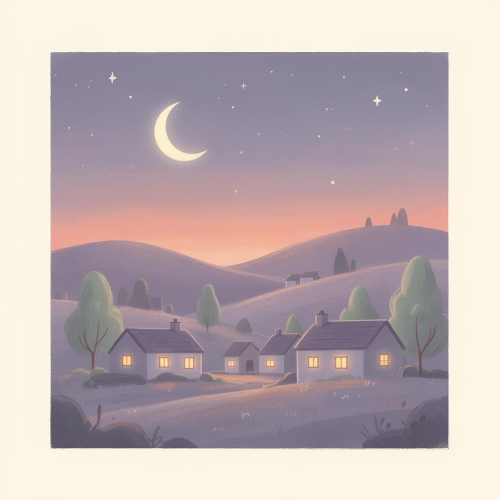 Crescent moon over a peaceful village