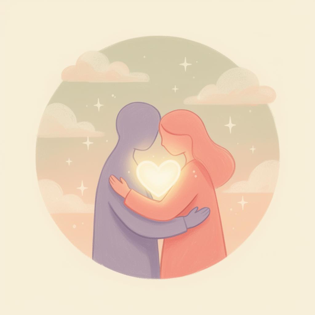 Two figures embracing a glowing heart
