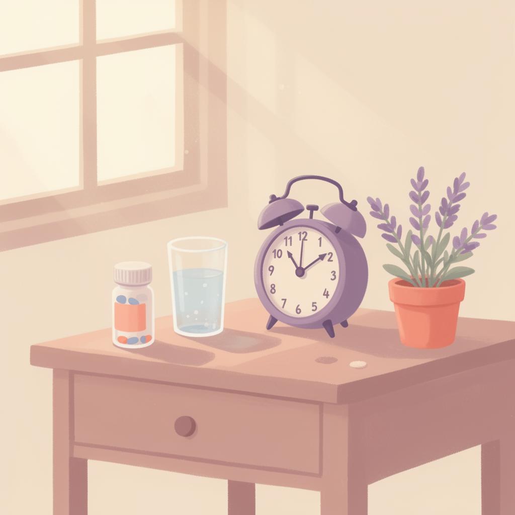 Pill bottle, glass of water and clock on a nightstand